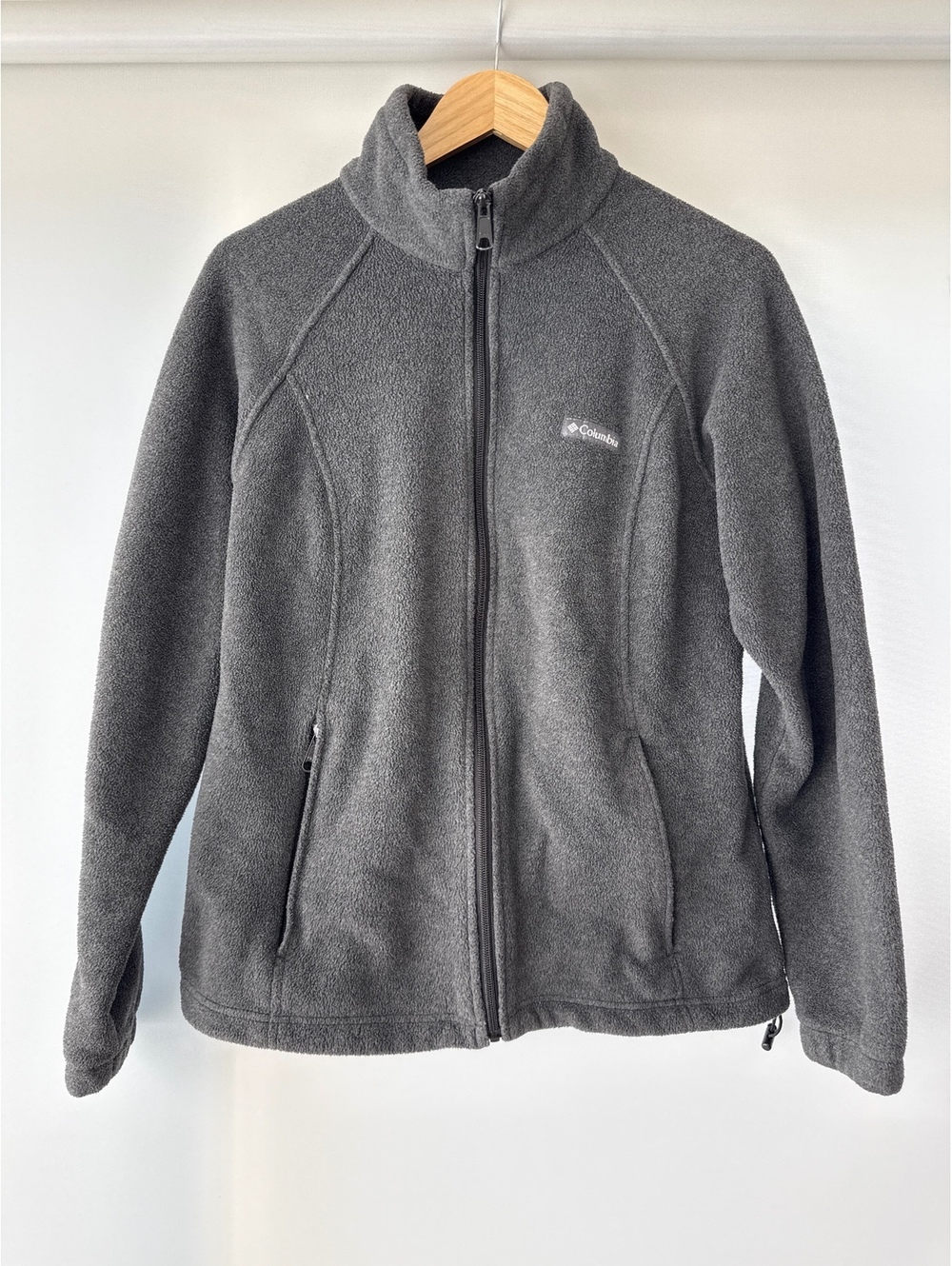 Columbia Womens Gray Full Zip Fleece Jacket L XL Outdoor Hiking Cut Size Tag